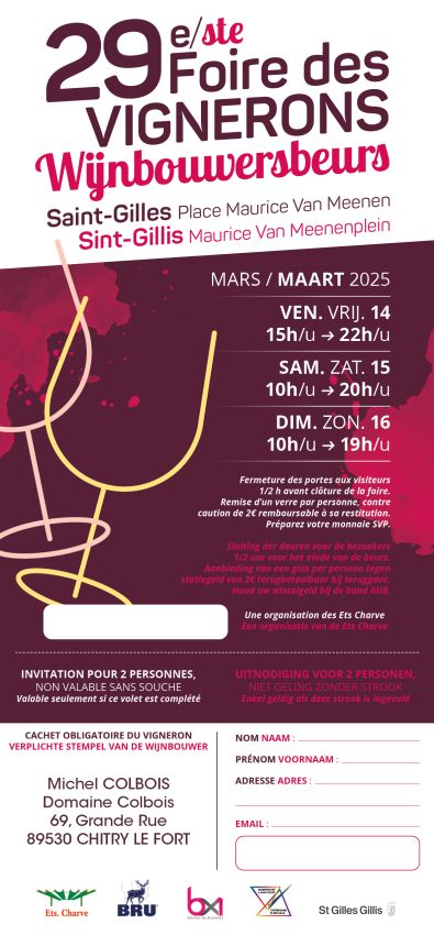 29ème Foire des Vignerons à Saint Gilles (Belgique) - Domaine Colbois, Vins de Chitry